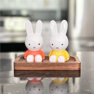 Miffy by Magenta Cute Bunny Figurine Salt and Pepper Shakers Set Wooden Tray